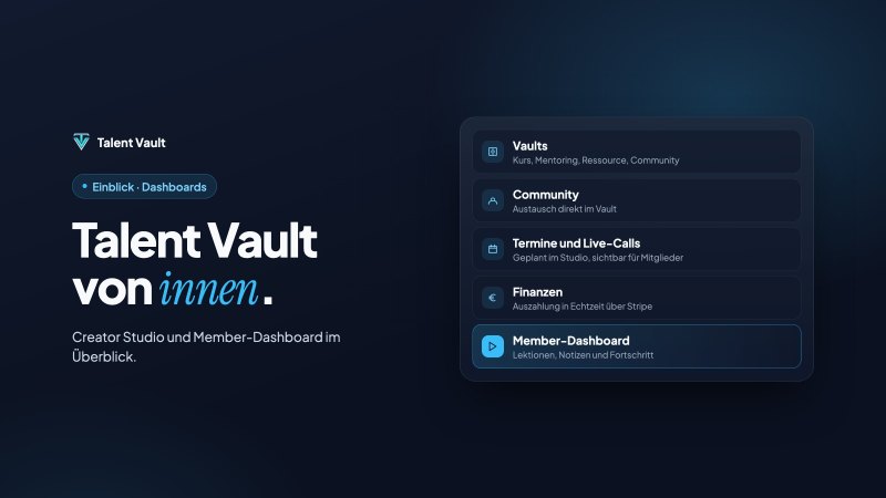 Ebenen des Creator Studios von Talent Vault: Vaults, Community, Mentoring, Termine und Finanzen
